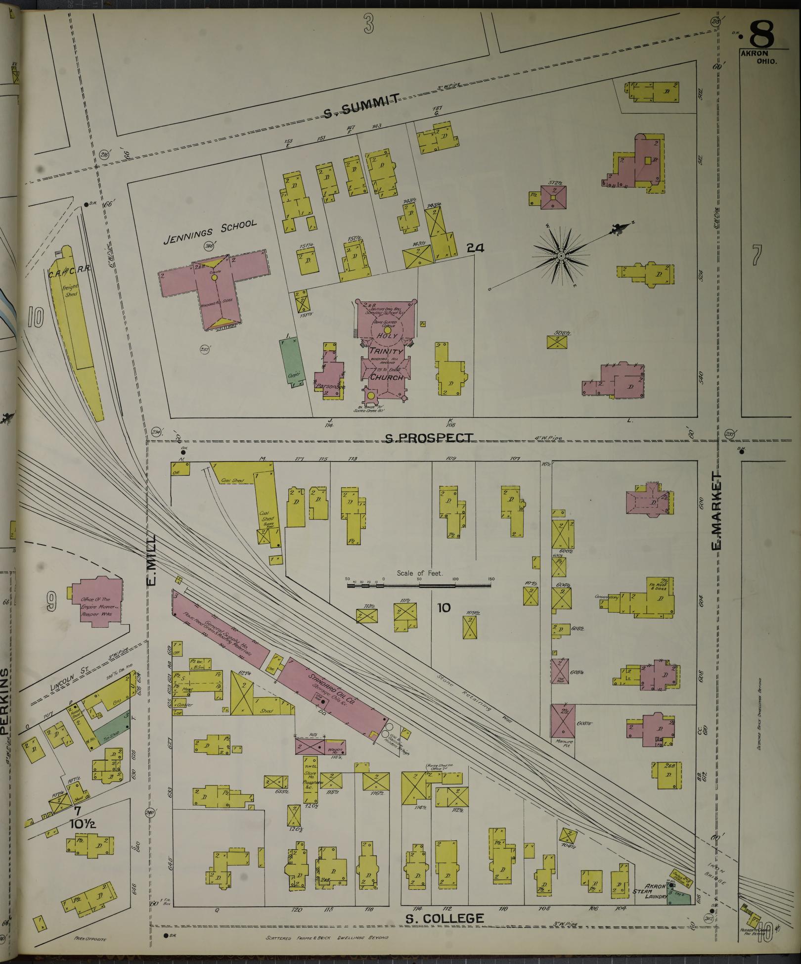 Sanborn Fire Insurance Map from Akron, Summit County, Ohio (1892), Sheet #0008 - Historic Sanborn Fire Insurance Map Print, vintage old map wall art, antique decor, genealogy gift, Ohio Ohio map