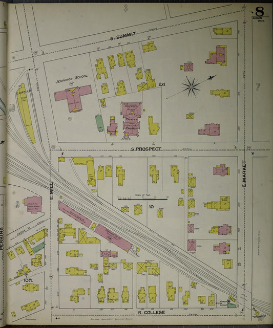 Sanborn Fire Insurance Map from Akron, Summit County, Ohio (1892), Sheet #0008 - Historic Sanborn Fire Insurance Map Print, vintage old map wall art, antique decor, genealogy gift, Ohio Ohio map