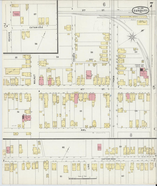 Sanborn Fire Insurance Map from Sunbury, Northumberland County, Pennsylvania (1896), Sheet #0007 - Historic Sanborn Fire Insurance Map Print, vintage old map wall art, antique decor, genealogy gift, Pennsylvania Pennsylvania map