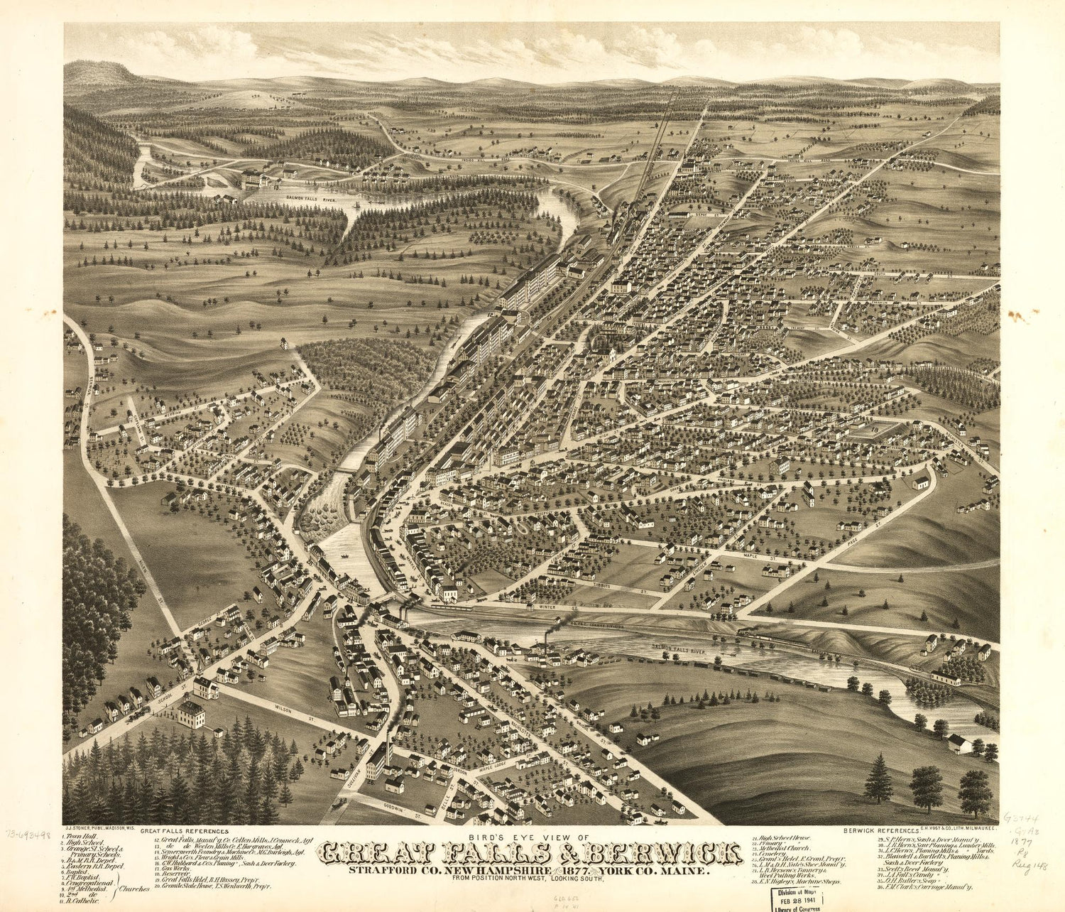 Bird's eye view of Great Falls, Strafford Co., New Hampshire & Berwick, York Co., Maine 1877. (1877) – Historic Bird’s-Eye View Panorama Print