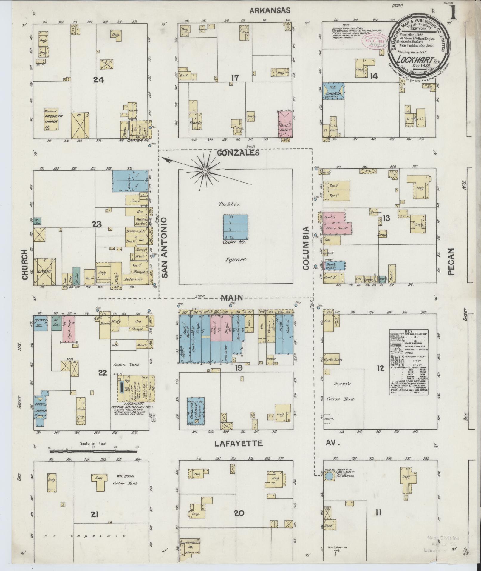 Sanborn Fire Insurance Map from Lockhart, Caldwell County, Texas (1888), Sheet #0001 - Historic Sanborn Fire Insurance Map Print, vintage old map wall art, antique decor, genealogy gift, Texas Texas map