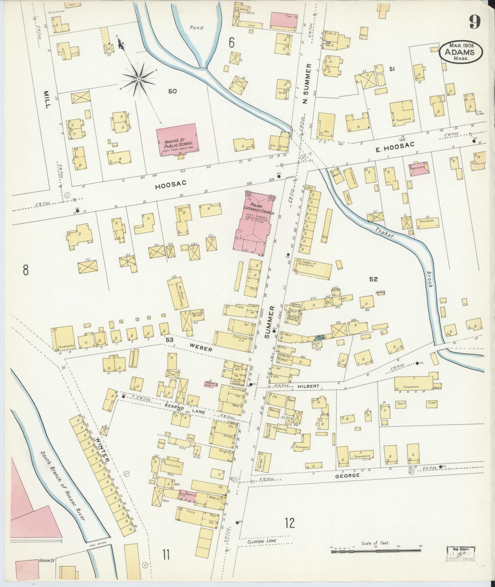Sanborn Fire Insurance Map from Adams, Berkshire County, Massachusetts (1908), Sheet #0009 - Complete Map Set gallery image, historic Sanborn map, vintage wall art, Massachusetts Massachusetts