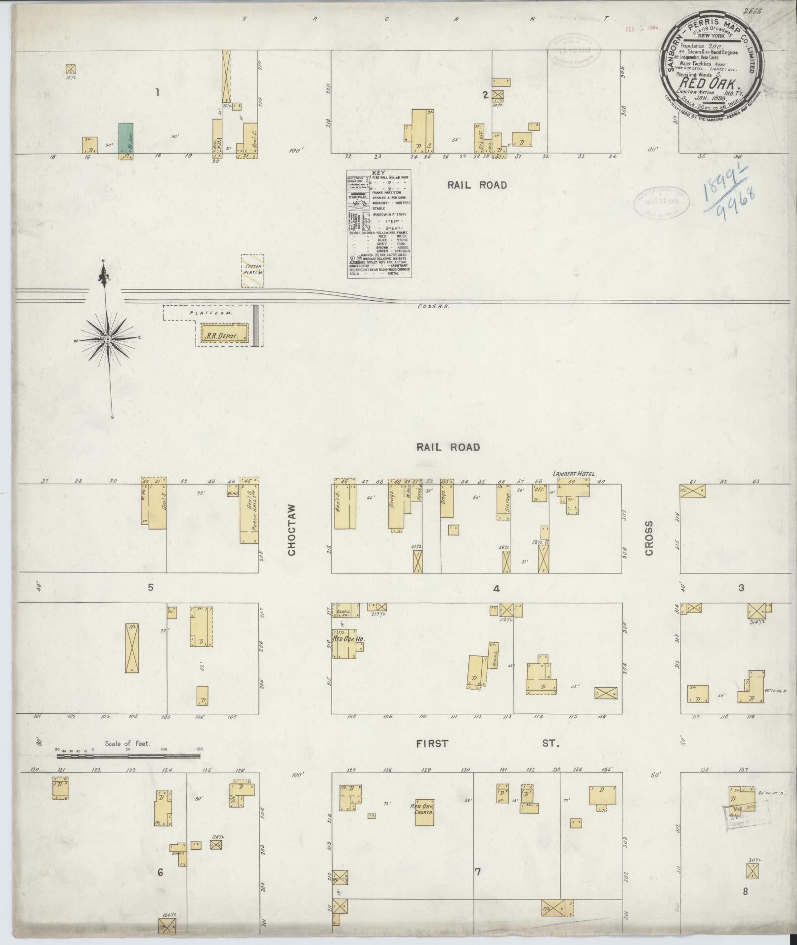 Sanborn Fire Insurance Map from Red Oak, Latimer County, Oklahoma (1899), Sheet #0001 - Historic Sanborn Fire Insurance Map Print, vintage old map wall art, antique decor, genealogy gift, Oklahoma Oklahoma map