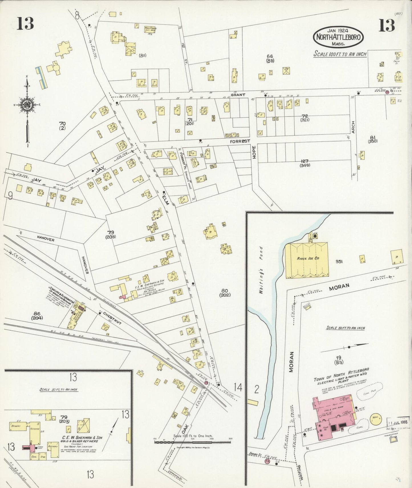 Sanborn Fire Insurance Map from North Attleborough, Bristol County, Massachusetts (1924), Sheet #0013 - Historic Sanborn Fire Insurance Map Print, vintage old map wall art, antique decor, genealogy gift, Massachusetts Massachusetts map