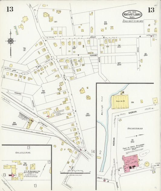 Sanborn Fire Insurance Map from North Attleborough, Bristol County, Massachusetts (1924), Sheet #0013 - Historic Sanborn Fire Insurance Map Print, vintage old map wall art, antique decor, genealogy gift, Massachusetts Massachusetts map