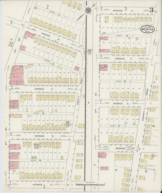 Sanborn Fire Insurance Map from Weirton, Hancock County, West Virginia (1915), Sheet #0003 - Historic Sanborn Fire Insurance Map Print, vintage old map wall art, antique decor, genealogy gift, West Virginia West Virginia map