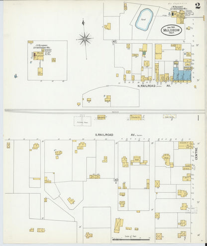 Sanborn Fire Insurance Map from Muldrow, Sequoyah County, Oklahoma (1901), Sheet #0002 - Complete Map Set gallery image, historic Sanborn map, vintage wall art, Oklahoma Oklahoma
