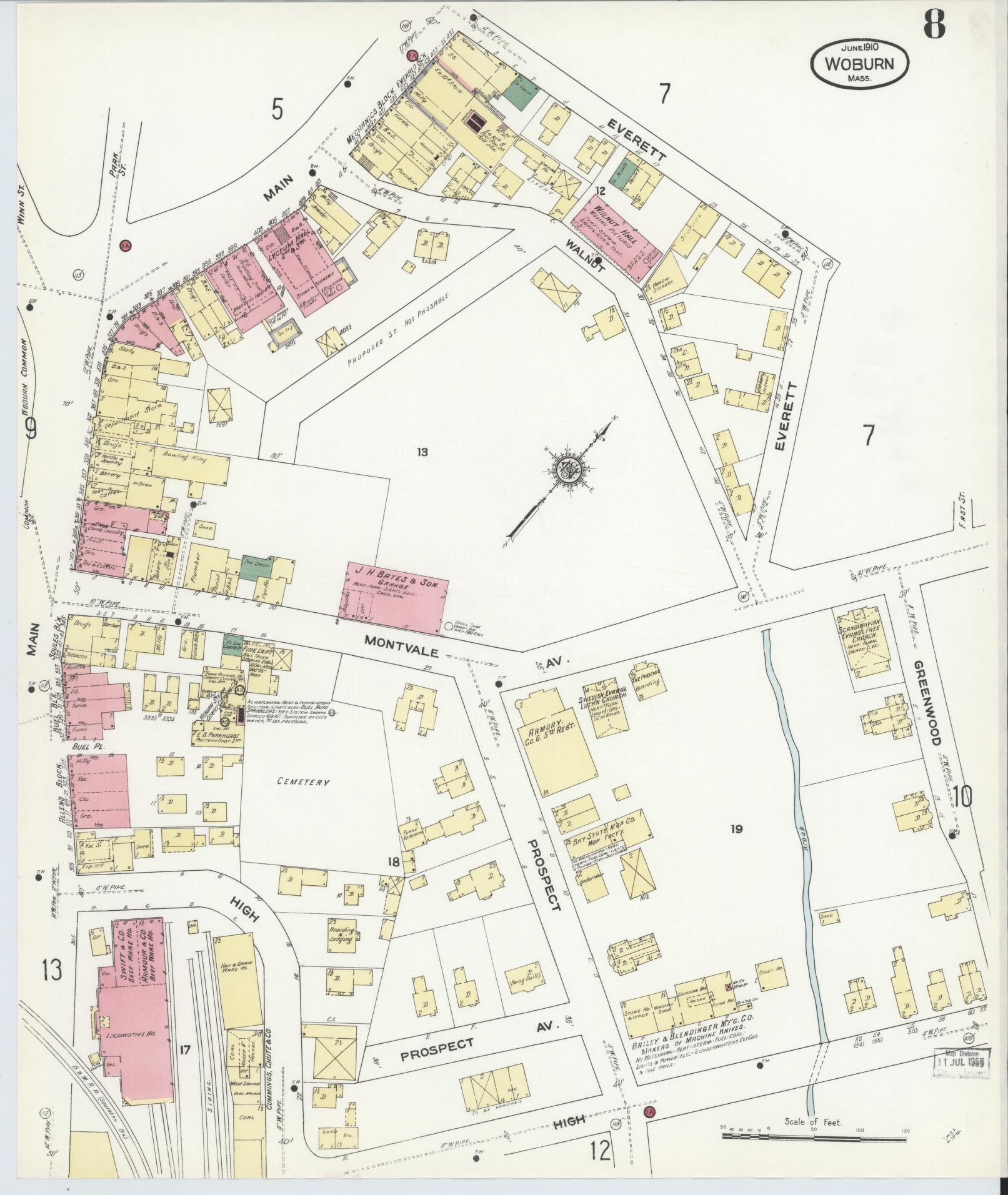 Sanborn Fire Insurance Map from Woburn, Middlesex County, Massachusetts (1910), Sheet #0008 - Historic Sanborn Fire Insurance Map Print, vintage old map wall art, antique decor, genealogy gift, Massachusetts Massachusetts map