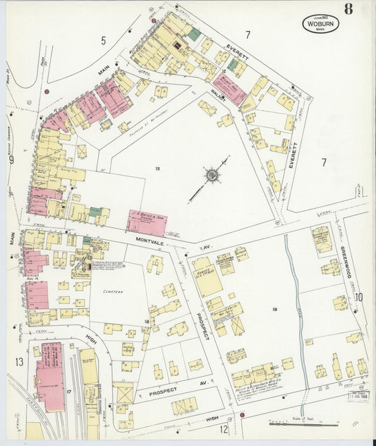 Sanborn Fire Insurance Map from Woburn, Middlesex County, Massachusetts (1910), Sheet #0008 - Historic Sanborn Fire Insurance Map Print, vintage old map wall art, antique decor, genealogy gift, Massachusetts Massachusetts map