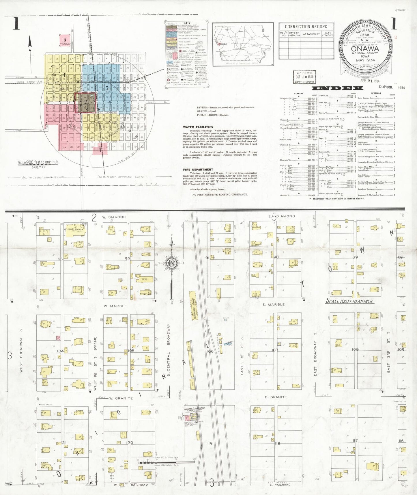 Sanborn Fire Insurance Map from Onawa, Monona County, Iowa (1934), Sheet #0001 - Historic Sanborn Fire Insurance Map Print, vintage old map wall art