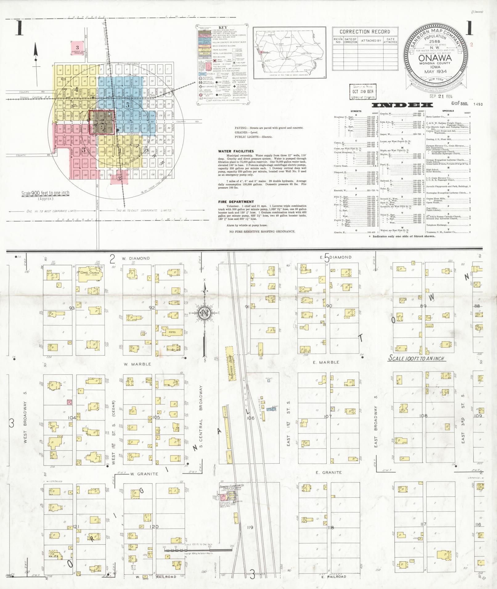 Sanborn Fire Insurance Map from Onawa, Monona County, Iowa (1934), Sheet #0001 - Historic Sanborn Fire Insurance Map Print, vintage old map wall art