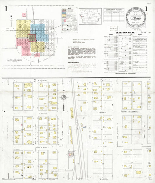 Sanborn Fire Insurance Map from Onawa, Monona County, Iowa (1934), Sheet #0001 - Historic Sanborn Fire Insurance Map Print, vintage old map wall art