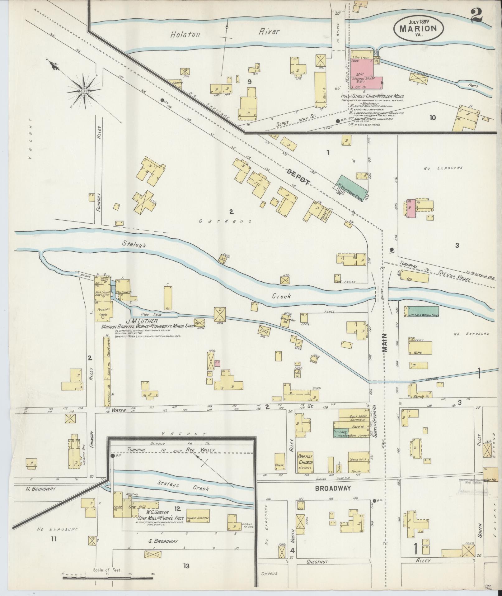 Sanborn Fire Insurance Map from Marion, Smyth County, Virginia (1897), Sheet #0002 - Complete Map Set gallery image, historic Sanborn map, vintage wall art, Virginia Virginia