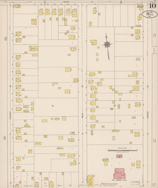 Sanborn Fire Insurance Map from Bell, Los Angeles County, California (1922), Sheet #0010 - Historic Sanborn Fire Insurance Map Print, vintage old map wall art, antique decor, genealogy gift, California California map