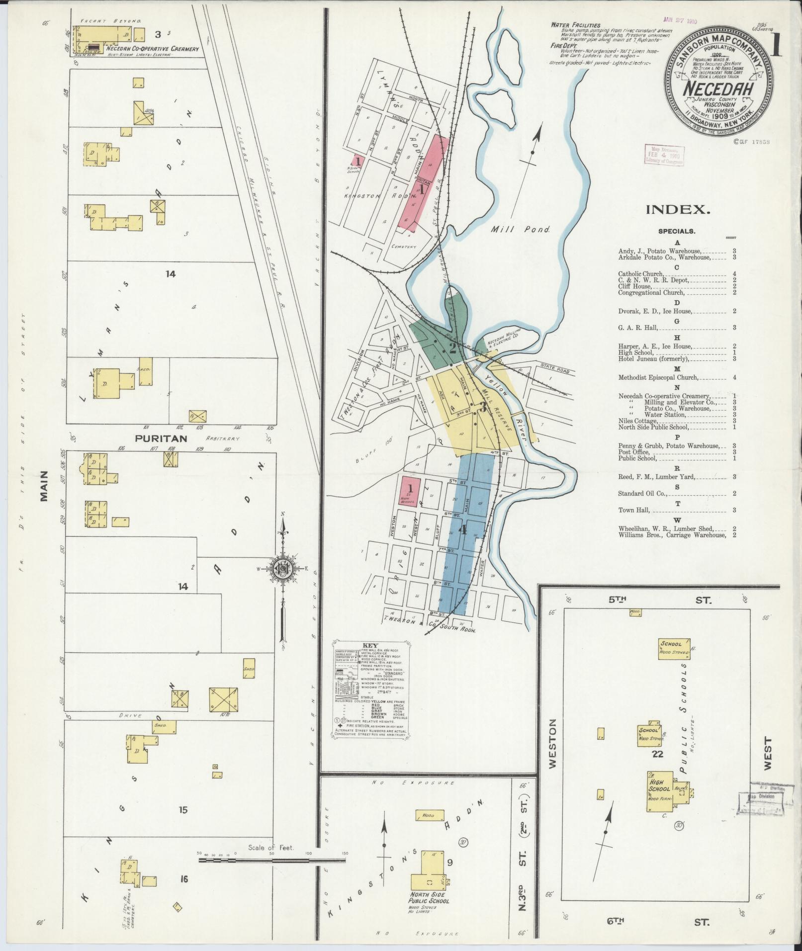Sanborn Fire Insurance Map from Necedah, Juneau County, Wisconsin (1909), Sheet #0001 - Complete Map Set gallery image, historic Sanborn map, vintage wall art, Wisconsin Wisconsin