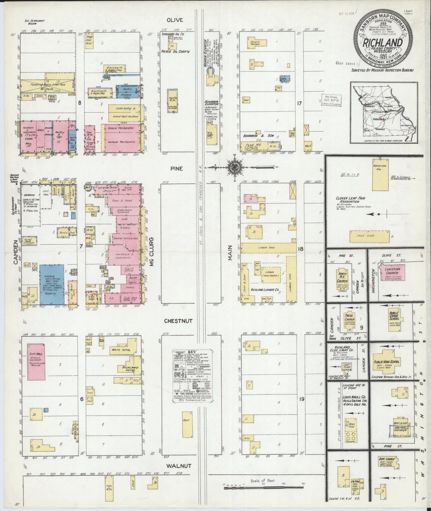 Sanborn Fire Insurance Map from Richland, Pulaski County, Missouri (1921), Sheet #0001 - Historic Sanborn Fire Insurance Map Print, vintage old map wall art, antique decor, genealogy gift, Missouri Missouri map