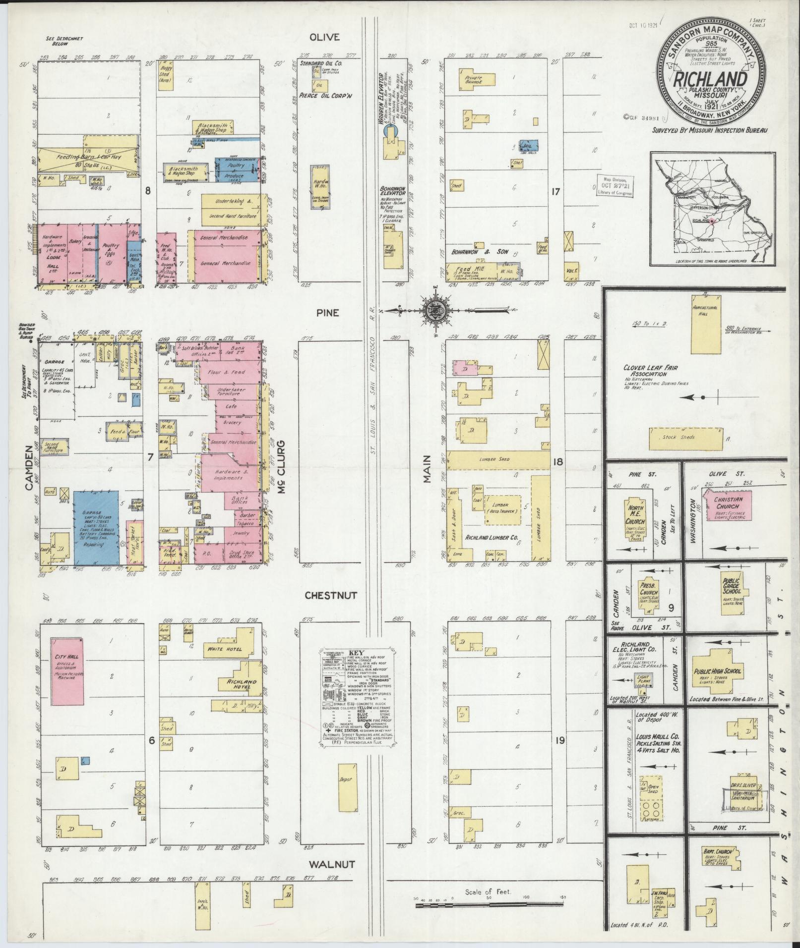Sanborn Fire Insurance Map from Richland, Pulaski County, Missouri (1921), Sheet #0001 - Historic Sanborn Fire Insurance Map Print, vintage old map wall art, antique decor, genealogy gift, Missouri Missouri map