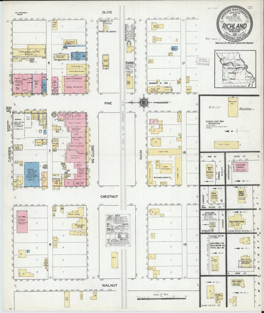 Sanborn Fire Insurance Map from Richland, Pulaski County, Missouri (1921), Sheet #0001 - Historic Sanborn Fire Insurance Map Print, vintage old map wall art, antique decor, genealogy gift, Missouri Missouri map