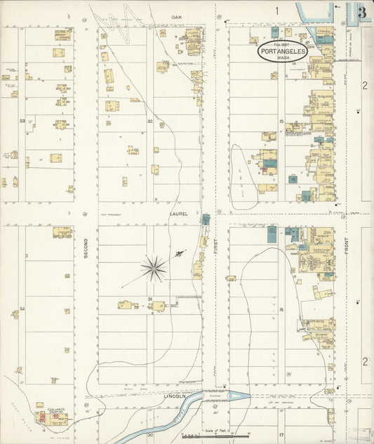 Sanborn Fire Insurance Map from Port Angeles, Clallam County, Washington (1897), Sheet #0003 - Historic Sanborn Fire Insurance Map Print, vintage old map wall art, antique decor, genealogy gift, Washington Washington map