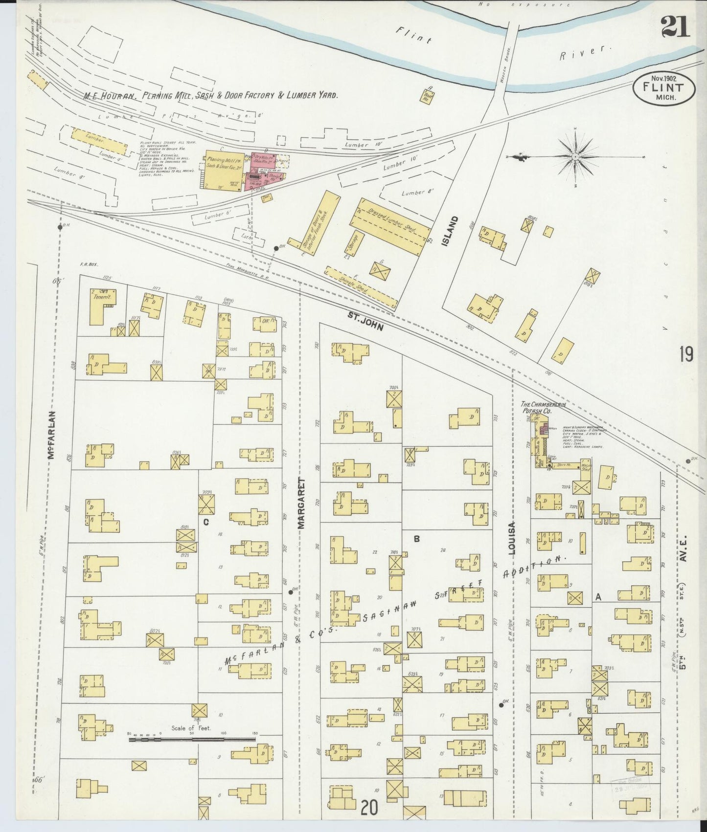 Sanborn Fire Insurance Map from Flint, Genesee County, Michigan (1902), Sheet #0021 - Historic Sanborn Fire Insurance Map Print, vintage old map wall art, antique decor, genealogy gift, Michigan Michigan map