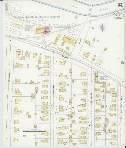 Sanborn Fire Insurance Map from Flint, Genesee County, Michigan (1902), Sheet #0021 - Historic Sanborn Fire Insurance Map Print, vintage old map wall art, antique decor, genealogy gift, Michigan Michigan map