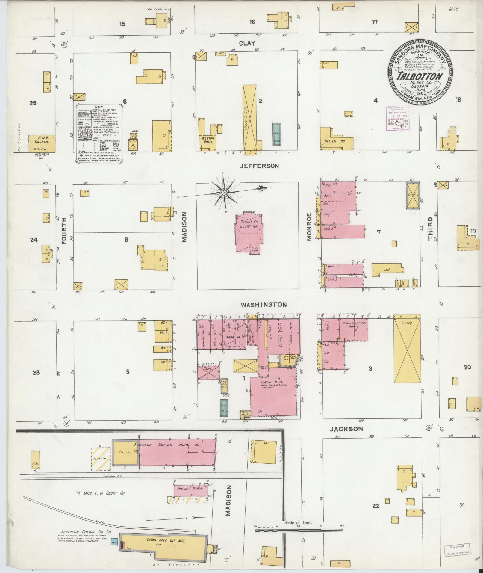 Sanborn Fire Insurance Map from Talbotton, Talbot County, Georgia (1905), Sheet #0001 - Historic Sanborn Fire Insurance Map Print, vintage old map wall art, antique decor, genealogy gift, Georgia Georgia map