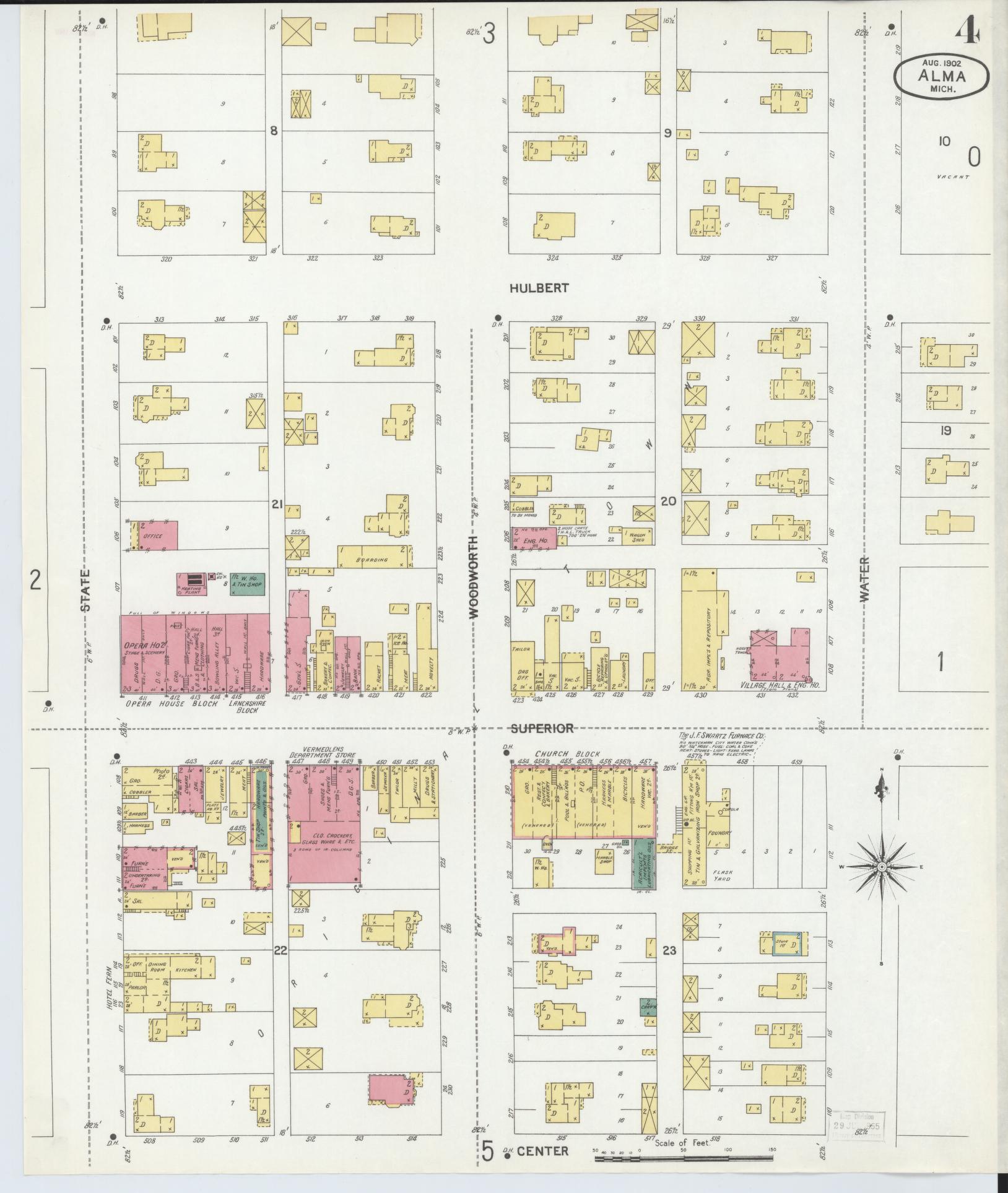 Sanborn Fire Insurance Map from Alma, Gratiot County, Michigan (1902), Sheet #0004 - Historic Sanborn Fire Insurance Map Print, vintage old map wall art, antique decor, genealogy gift, Michigan Michigan map