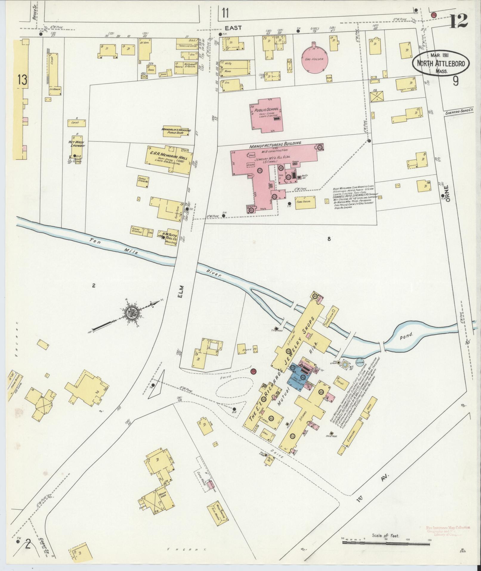Sanborn Fire Insurance Map from North Attleborough, Bristol County, Massachusetts (1911), Sheet #0012 - Complete Map Set gallery image, historic Sanborn map, vintage wall art, Massachusetts Massachusetts