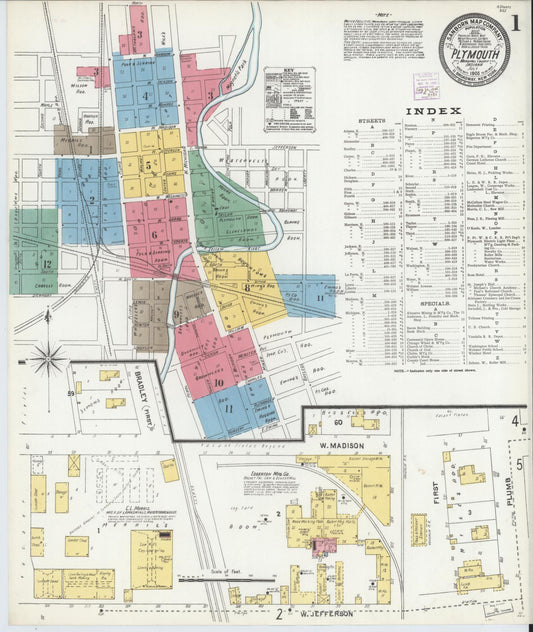 Sanborn Fire Insurance Map from Plymouth, Marhshall County, Indiana (1905), Sheet #0001 - Historic Sanborn Fire Insurance Map Print, vintage old map wall art, antique decor, genealogy gift, Indiana Indiana map