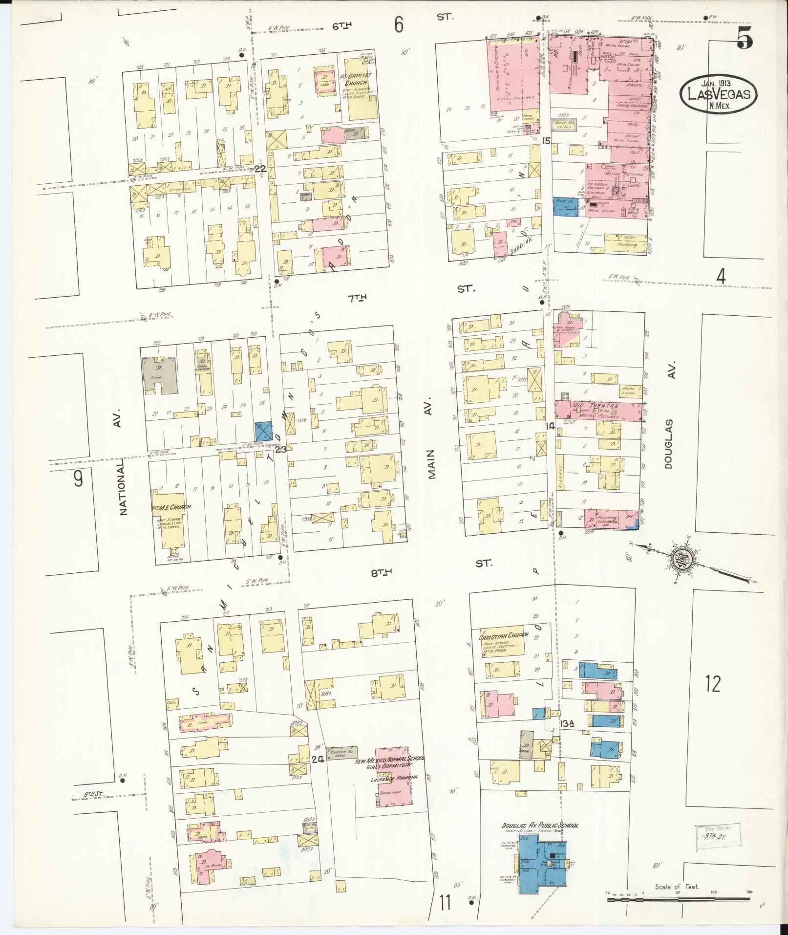 Sanborn Fire Insurance Map from Las Vegas, San Miguel County, New Mexico (1913), Sheet #0005 - Complete Map Set gallery image, historic Sanborn map, vintage wall art, New Mexico New Mexico
