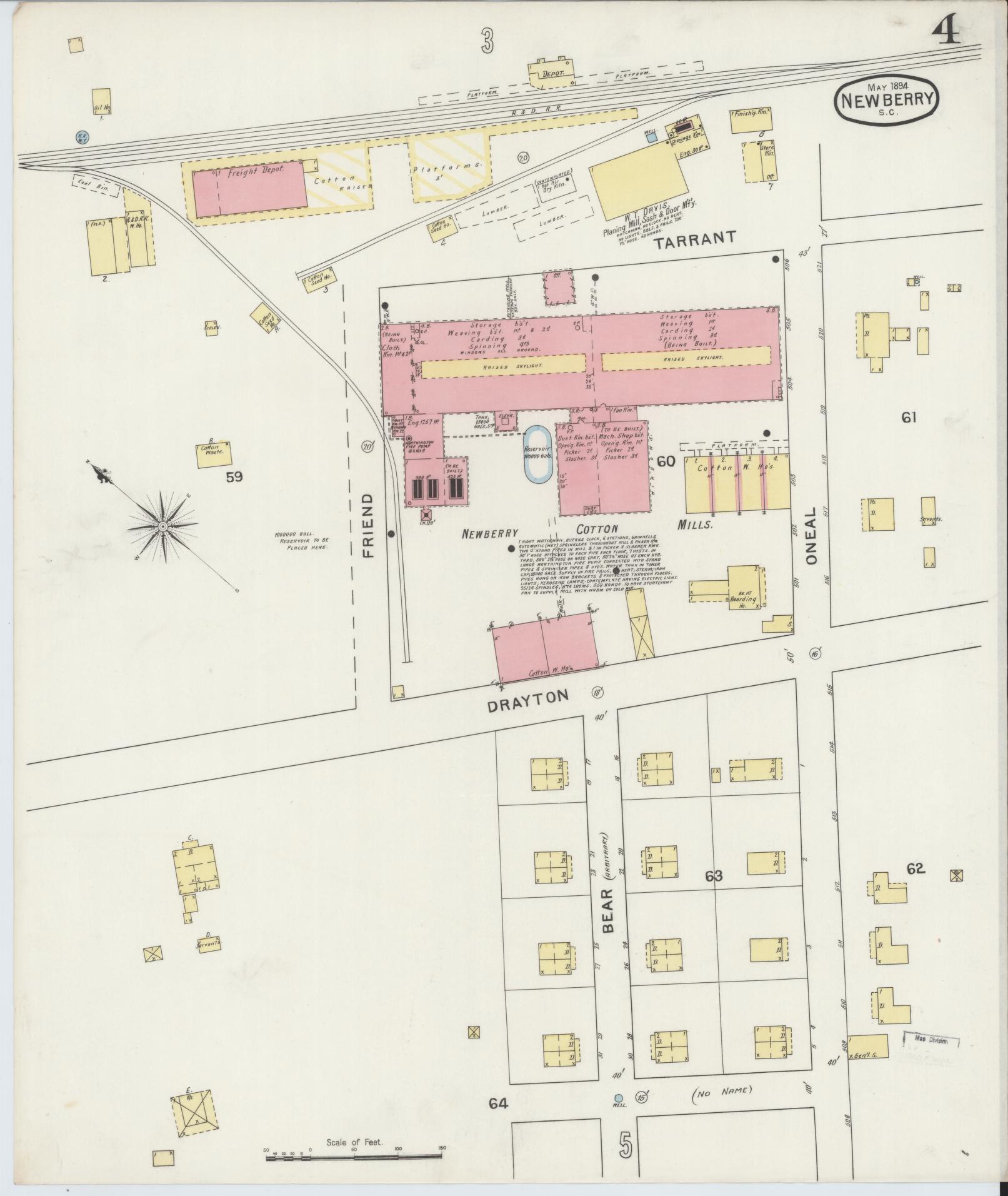 Sanborn Fire Insurance Map from Newberry, Newberry County, South Carolina (1894), Sheet #0004 - Historic Sanborn Fire Insurance Map Print, vintage old map wall art, antique decor, genealogy gift, South Carolina South Carolina map