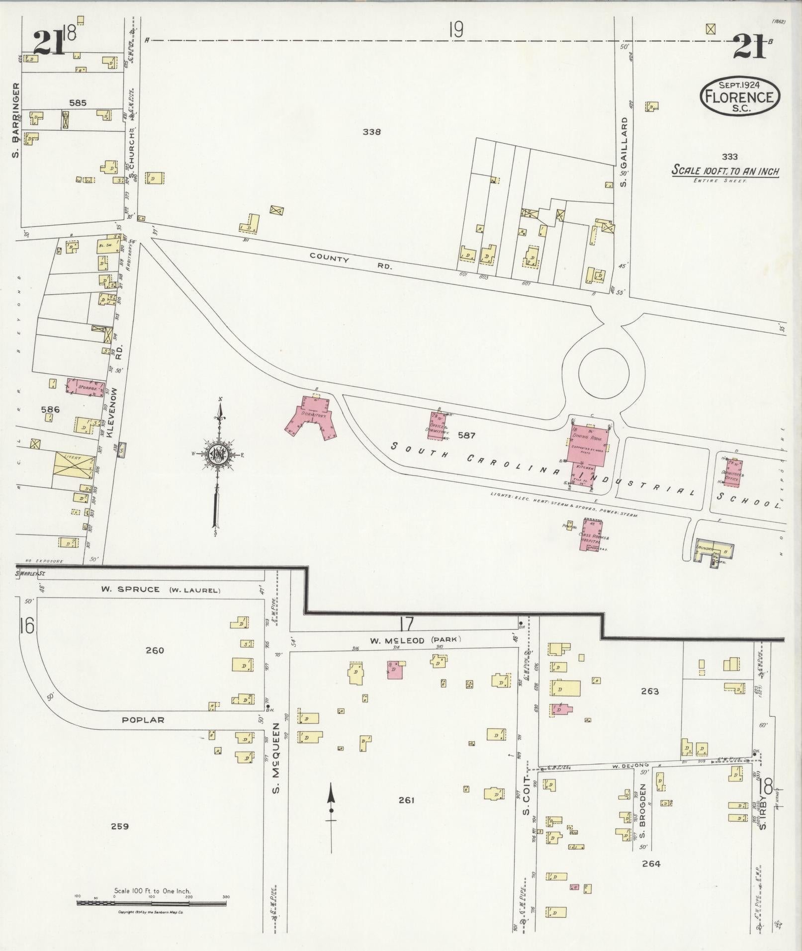 Sanborn Fire Insurance Map from Florence, Florence County, South Carolina (1924), Sheet #0021 - Historic Sanborn Fire Insurance Map Print, vintage old map wall art, antique decor, genealogy gift, South Carolina South Carolina map