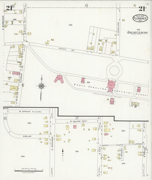 Sanborn Fire Insurance Map from Florence, Florence County, South Carolina (1924), Sheet #0021 - Historic Sanborn Fire Insurance Map Print, vintage old map wall art, antique decor, genealogy gift, South Carolina South Carolina map