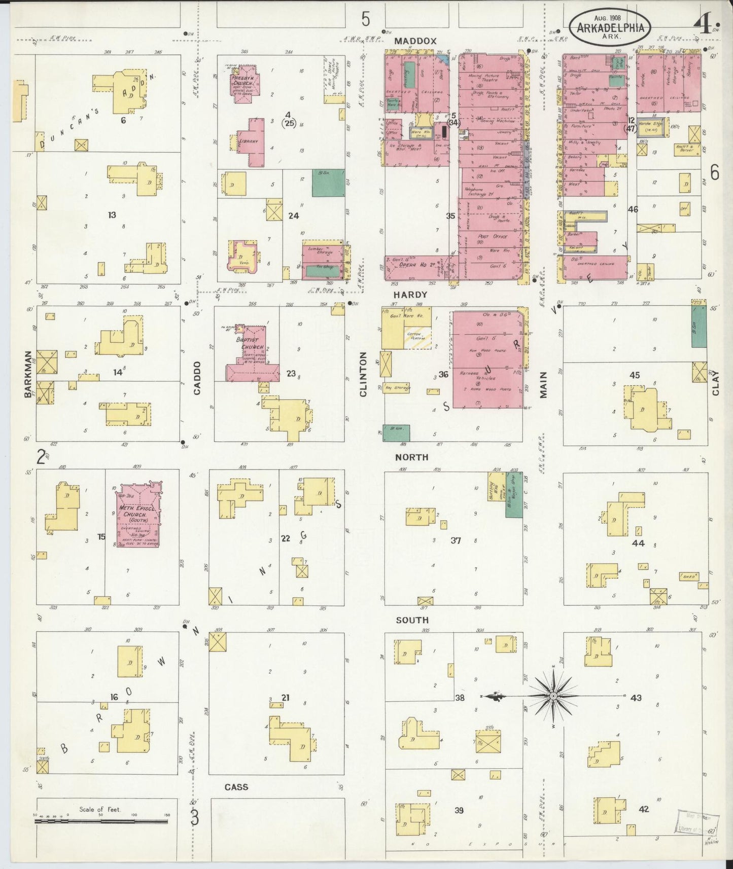 Sanborn Fire Insurance Map from Arkadelphia, Clark County, Arkansas (1908), Sheet #0004 - Complete Map Set gallery image, historic Sanborn map, vintage wall art, Arkansas Arkansas