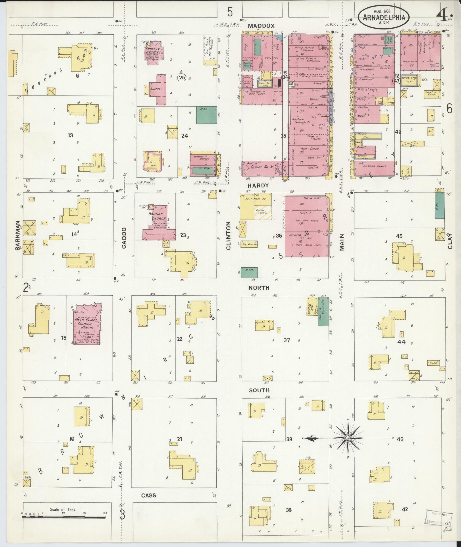 Sanborn Fire Insurance Map from Arkadelphia, Clark County, Arkansas (1908), Sheet #0004 - Complete Map Set gallery image, historic Sanborn map, vintage wall art, Arkansas Arkansas