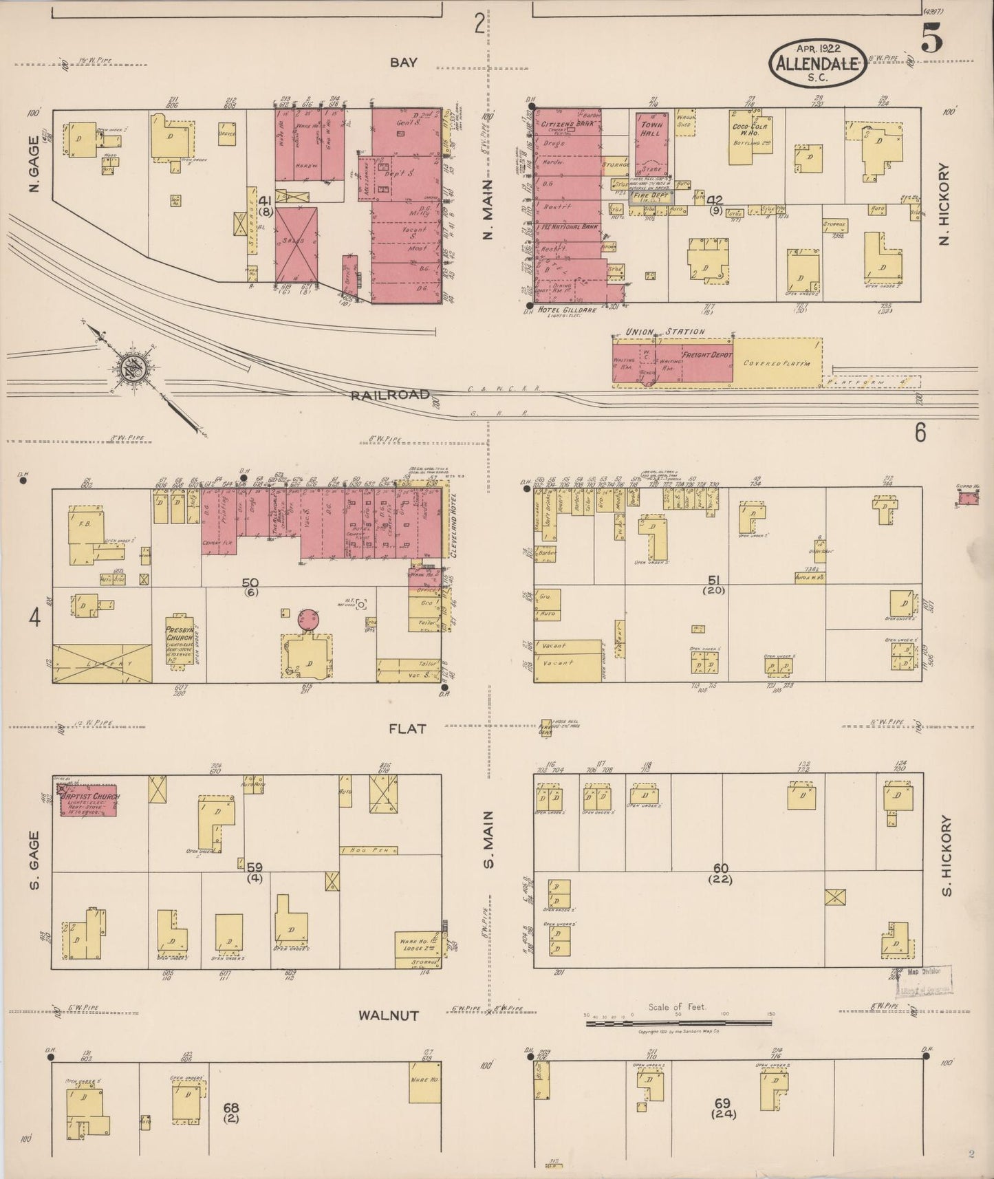 Sanborn Fire Insurance Map from Allendale, Allendale County, South Carolina (1922), Sheet #0005 - Complete Map Set gallery image, historic Sanborn map, vintage wall art, South Carolina South Carolina