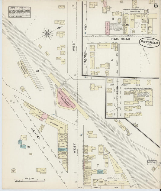 Sanborn Fire Insurance Map from Pittsfield, Berkshire County, Massachusetts (1884), Sheet #0006 - Historic Sanborn Fire Insurance Map Print, vintage old map wall art, antique decor, genealogy gift, Massachusetts Massachusetts map