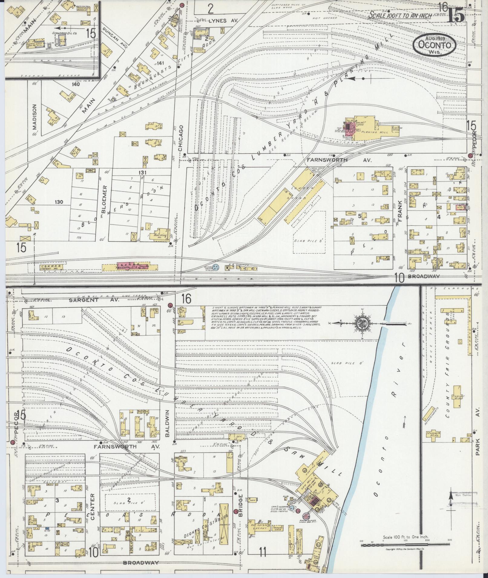 Sanborn Fire Insurance Map from Oconto, Oconto County, Wisconsin (1919), Sheet #0015 - Historic Sanborn Fire Insurance Map Print, vintage old map wall art, antique decor, genealogy gift, Wisconsin Wisconsin map