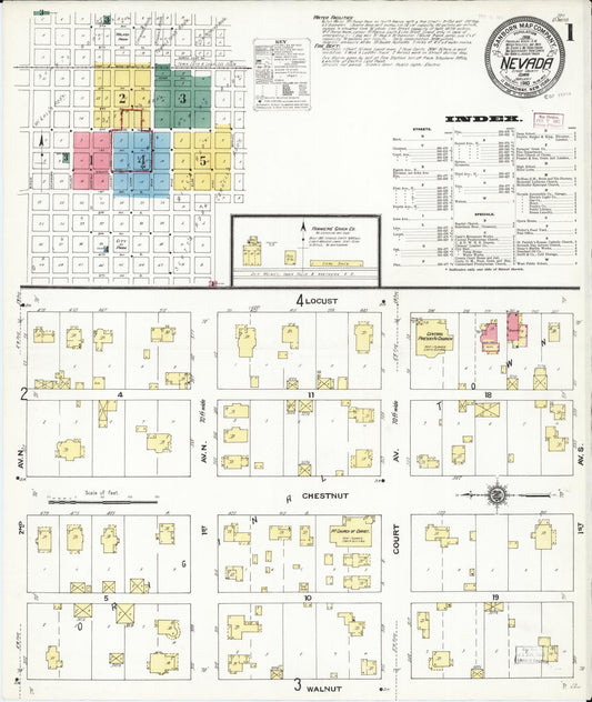 Sanborn Fire Insurance Map from Nevada, Story County, Iowa (1910), Sheet #0001 - Historic Sanborn Fire Insurance Map Print, vintage old map wall art