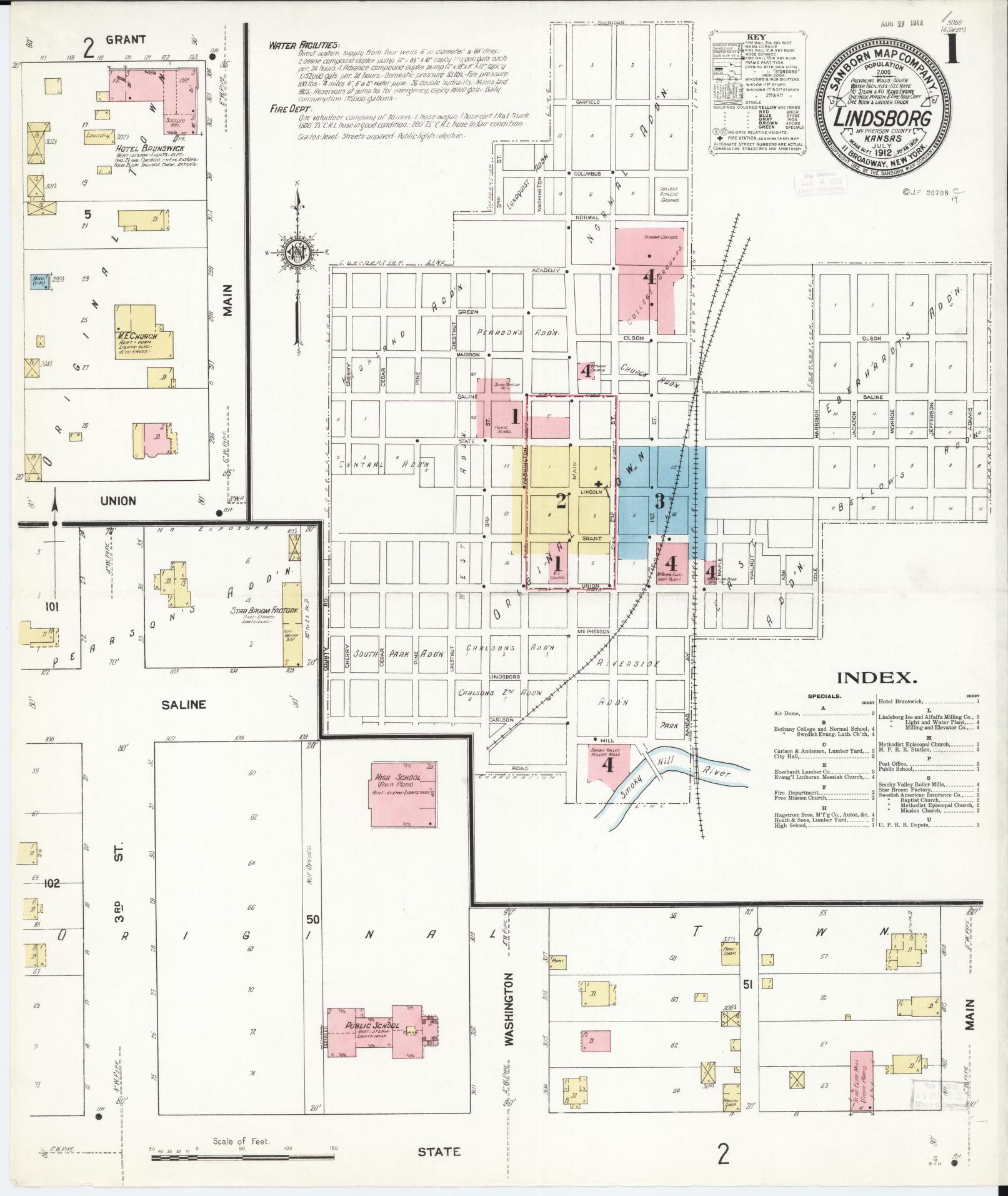 Sanborn Fire Insurance Map from Lindsborg, Mcpherson County, Kansas (1912), Sheet #0001 - Historic Sanborn Fire Insurance Map Print, vintage old map wall art, antique decor, genealogy gift, Kansas Kansas map