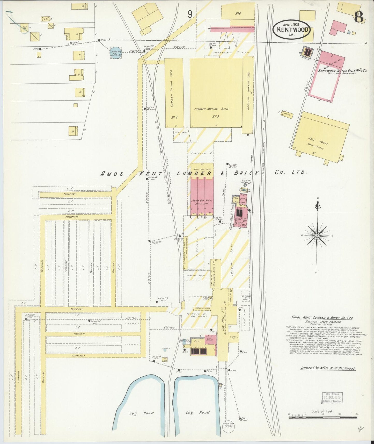 Sanborn Fire Insurance Map from Kentwood, Tangipahoa Parish, Louisiana (1909), Sheet #0008 - Historic Sanborn Fire Insurance Map Print, vintage old map wall art, antique decor, genealogy gift, Louisiana Louisiana map