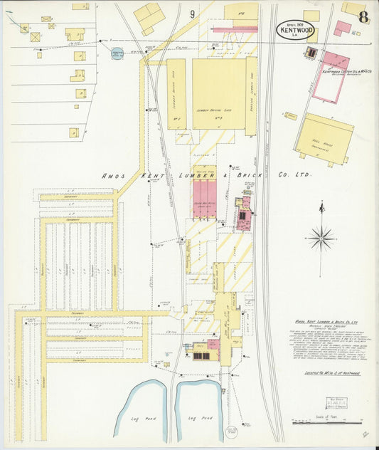 Sanborn Fire Insurance Map from Kentwood, Tangipahoa Parish, Louisiana (1909), Sheet #0008 - Historic Sanborn Fire Insurance Map Print, vintage old map wall art, antique decor, genealogy gift, Louisiana Louisiana map