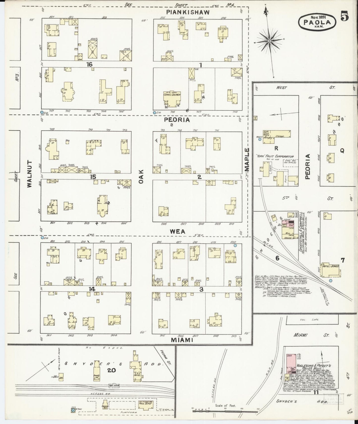 Sanborn Fire Insurance Map from Paola, Miami County, Kansas (1891), Sheet #0005 - Complete Map Set gallery image, historic Sanborn map, vintage wall art, Kansas Kansas