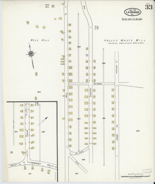 Sanborn Fire Insurance Map from La Grange, Troup County, Georgia (1921), Sheet #0033 - Historic Sanborn Fire Insurance Map Print, vintage old map wall art, antique decor, genealogy gift, Georgia Georgia map