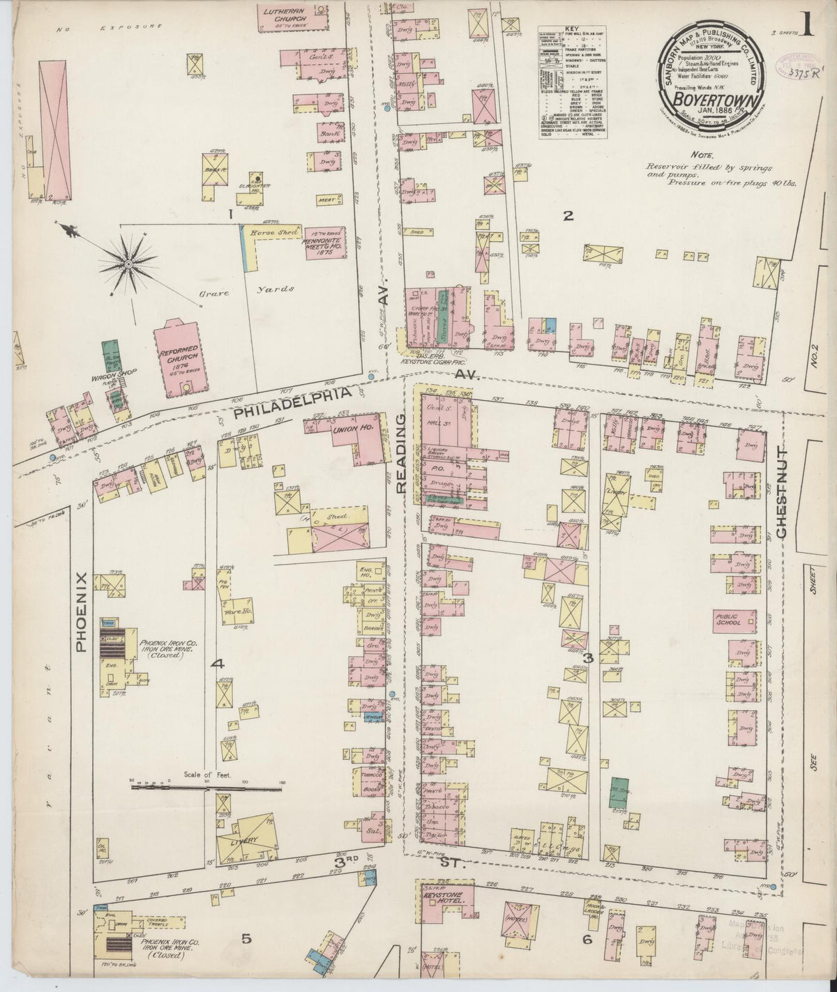 Sanborn Fire Insurance Map from Boyertown, Berks County, Pennsylvania (1886), Sheet #0001 - Complete Map Set gallery image, historic Sanborn map, vintage wall art, Pennsylvania Pennsylvania