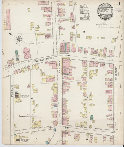 Sanborn Fire Insurance Map from Boyertown, Berks County, Pennsylvania (1886), Sheet #0001 - Complete Map Set gallery image, historic Sanborn map, vintage wall art, Pennsylvania Pennsylvania