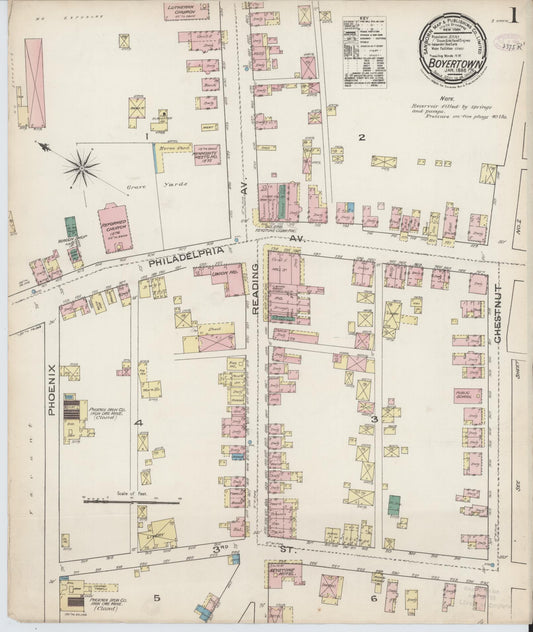 Sanborn Fire Insurance Map from Boyertown, Berks County, Pennsylvania (1886), Sheet #0001 - Complete Map Set gallery image, historic Sanborn map, vintage wall art, Pennsylvania Pennsylvania
