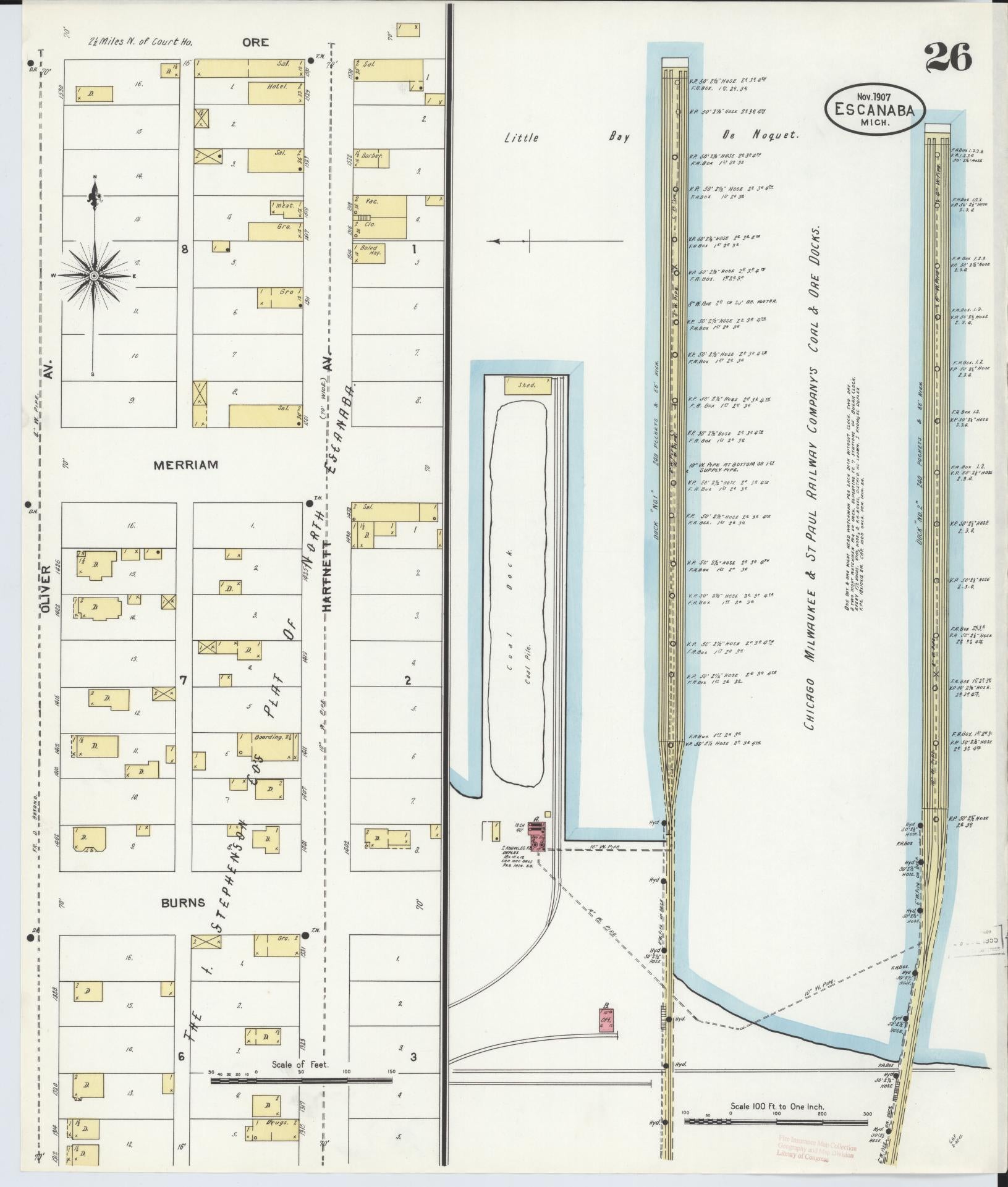 Sanborn Fire Insurance Map from Escanaba, Delta County, Michigan (1906), Sheet #0026 - Complete Map Set gallery image, historic Sanborn map, vintage wall art, Michigan Michigan