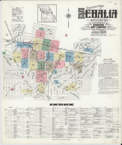 Sanborn Fire Insurance Map from Sedalia, Pettis County, Missouri (1914), Sheet #0001 - Historic Sanborn Fire Insurance Map Print, vintage old map wall art, antique decor, genealogy gift, Missouri Missouri map