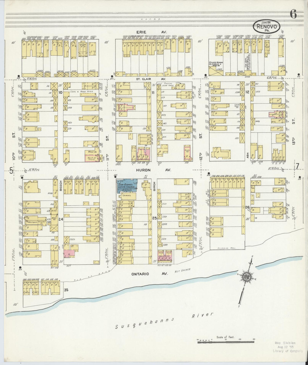 Sanborn Fire Insurance Map from Renovo, Clinton County, Pennsylvania (1911), Sheet #0006 - Historic Sanborn Fire Insurance Map Print, vintage old map wall art, antique decor, genealogy gift, Pennsylvania Pennsylvania map